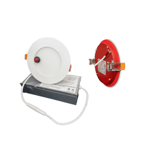 Slim Down Lights with Emergency Battery 4 Inch Fire Rated are shown: one front view and one back view. They connect to a rectangular power box via a white cable. The back is red with visible mounting clips.