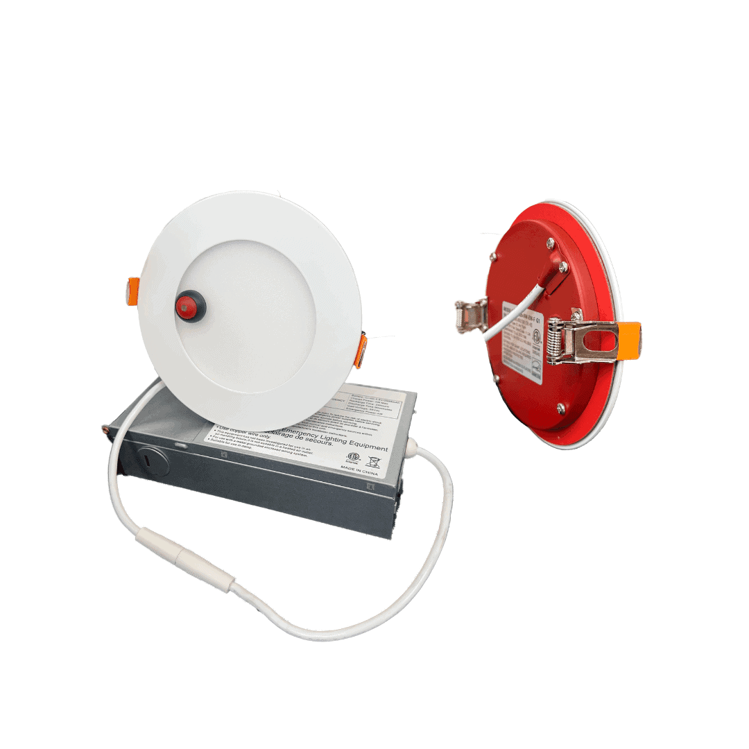 4-inch-downlight-fire-rated-e Slim Down Lights with Emergency Battery 4 Inch Fire Rated are shown: one front view and one back view. They connect to a rectangular power box via a white cable. The back is red with visible mounting clips.