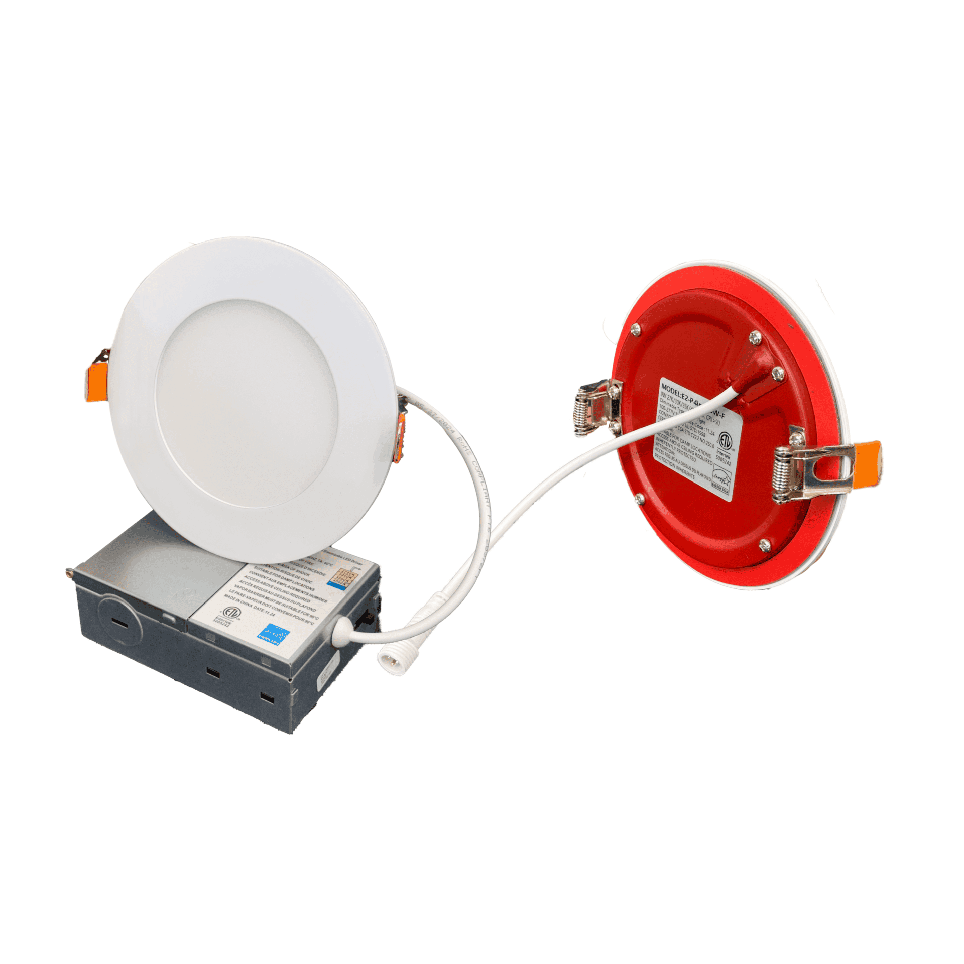 4-inch-downlight-fire-rated_1c5a3b92-7183-4e92-890d-bf0235780098 Two Slim Down Lights 4 Inch 2 Hours Fire Rated are shown: one displays the white front, the other reveals the red back with labels and mounting clips. Both are wired to a rectangular metal power supply unit.