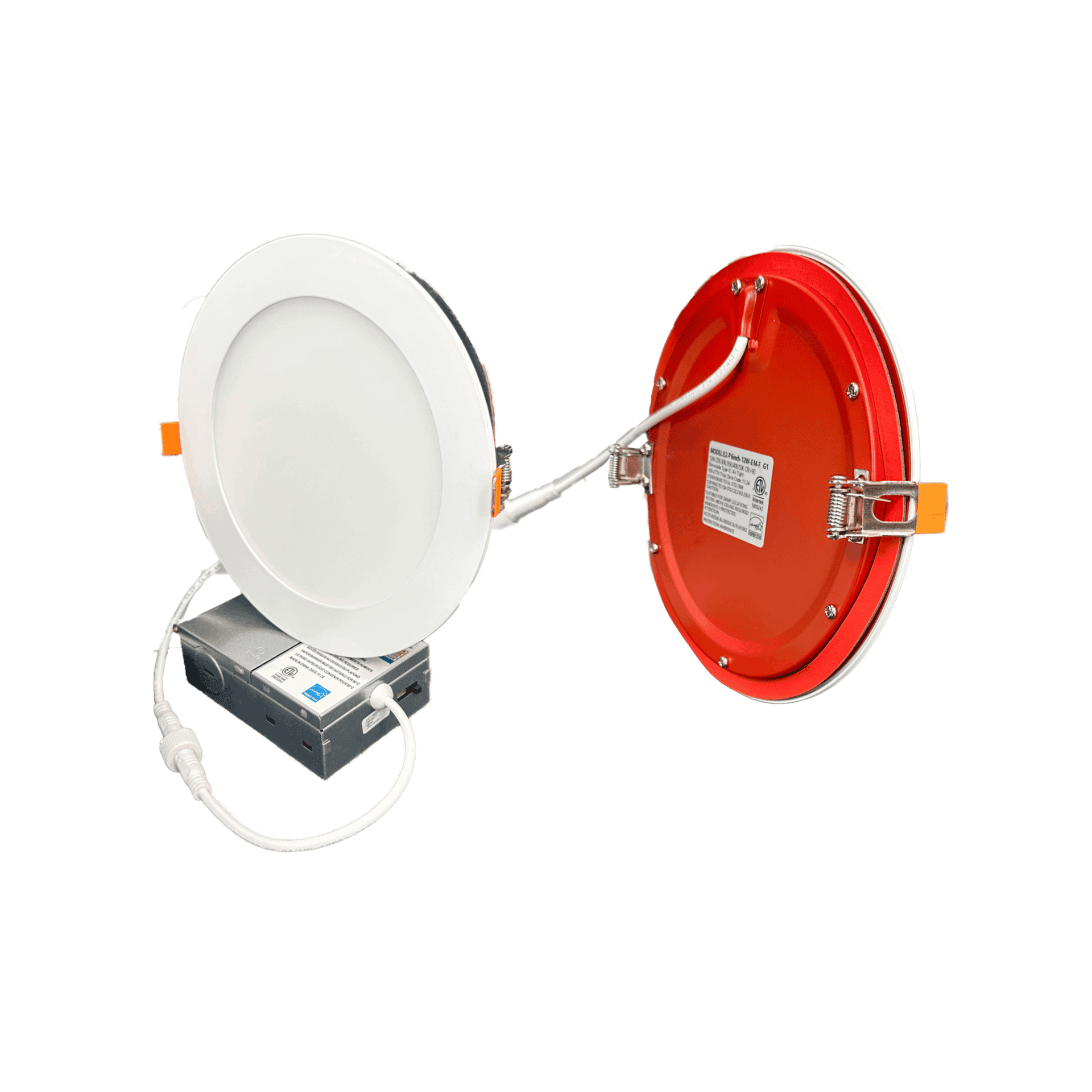 6-inch-downlight-fire-rated_b64b5b64-991f-427b-a84d-ace789d0a662 Two Slim Down Lights 4 Inch 2 Hours Fire Rated are displayed—one facing forward and the other backward. Both connect to an external power supply with white cables. The back panel is red, featuring an info label and metal clips.